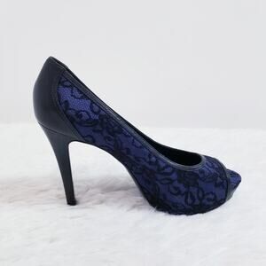 Pour La Victoire Navy Lace Peep-Toe Pumps with Black Trim